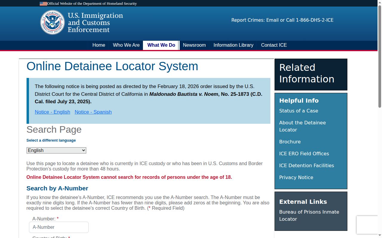 ICE locator fields for a Grant County custody transfer check