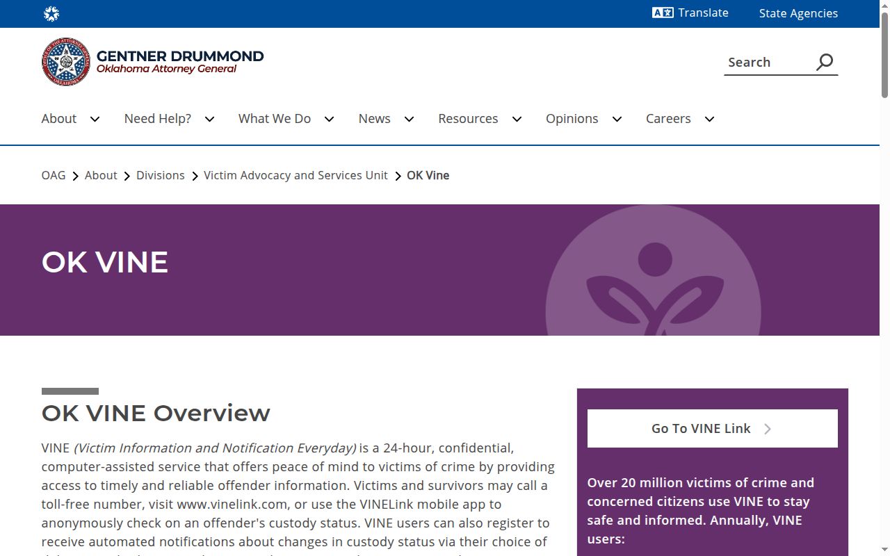 Oklahoma VINE search and release notification guidance for Grant County